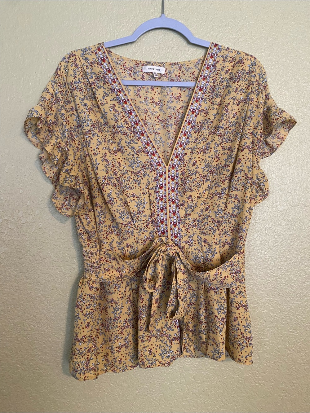 Max Studio Yellow Floral Tie-Waist V-Neck Blouse